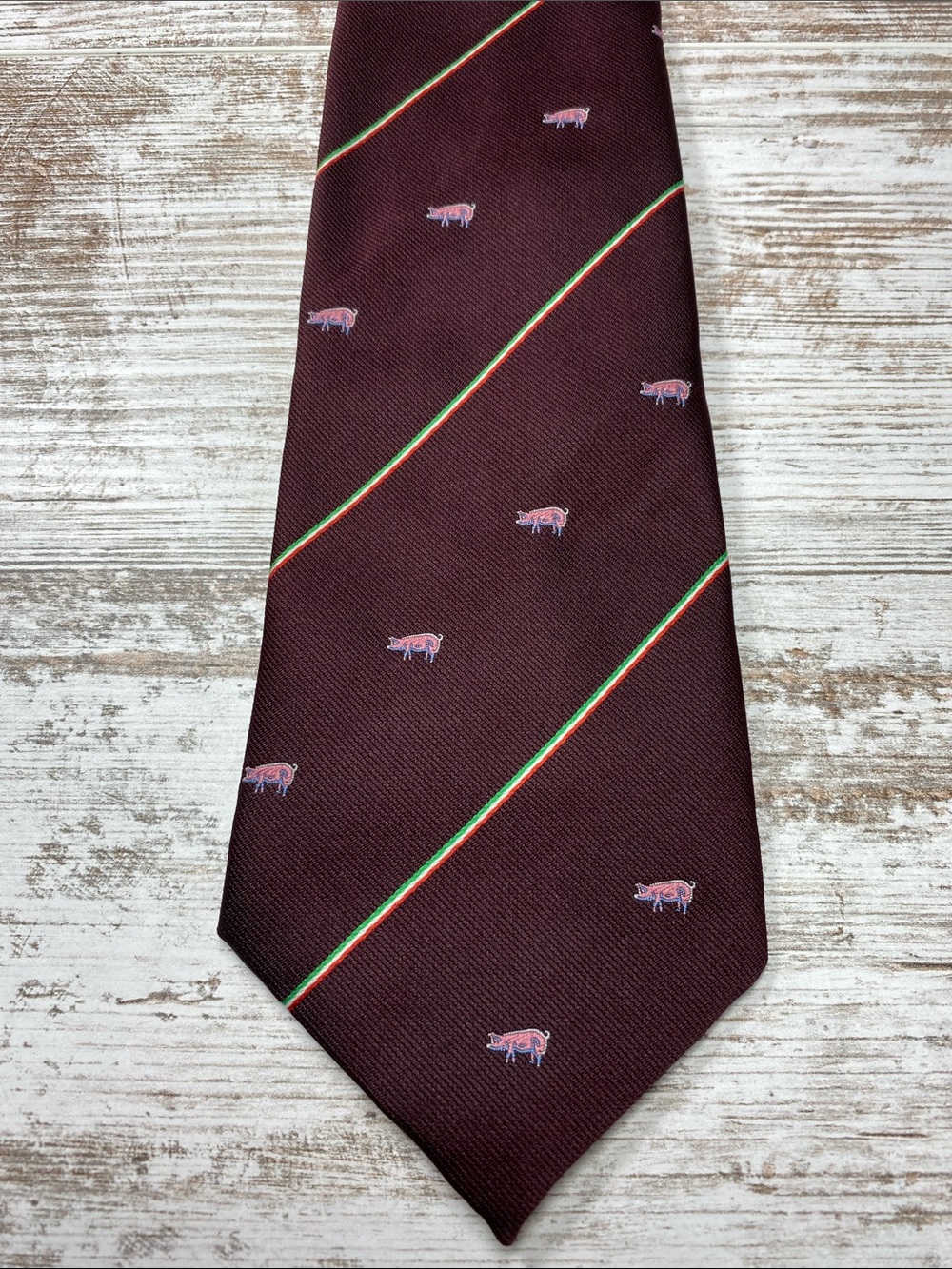 Vintage Ed Van Druenen Burgundy Pig Pattern Stripe Novelty Silk Blend Necktie